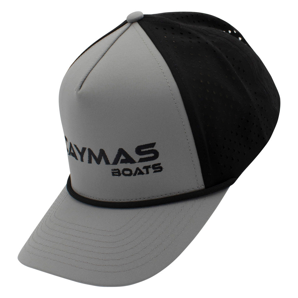 Side of a light grey and black cap with a black 'Caymas Boats' logo on the front.