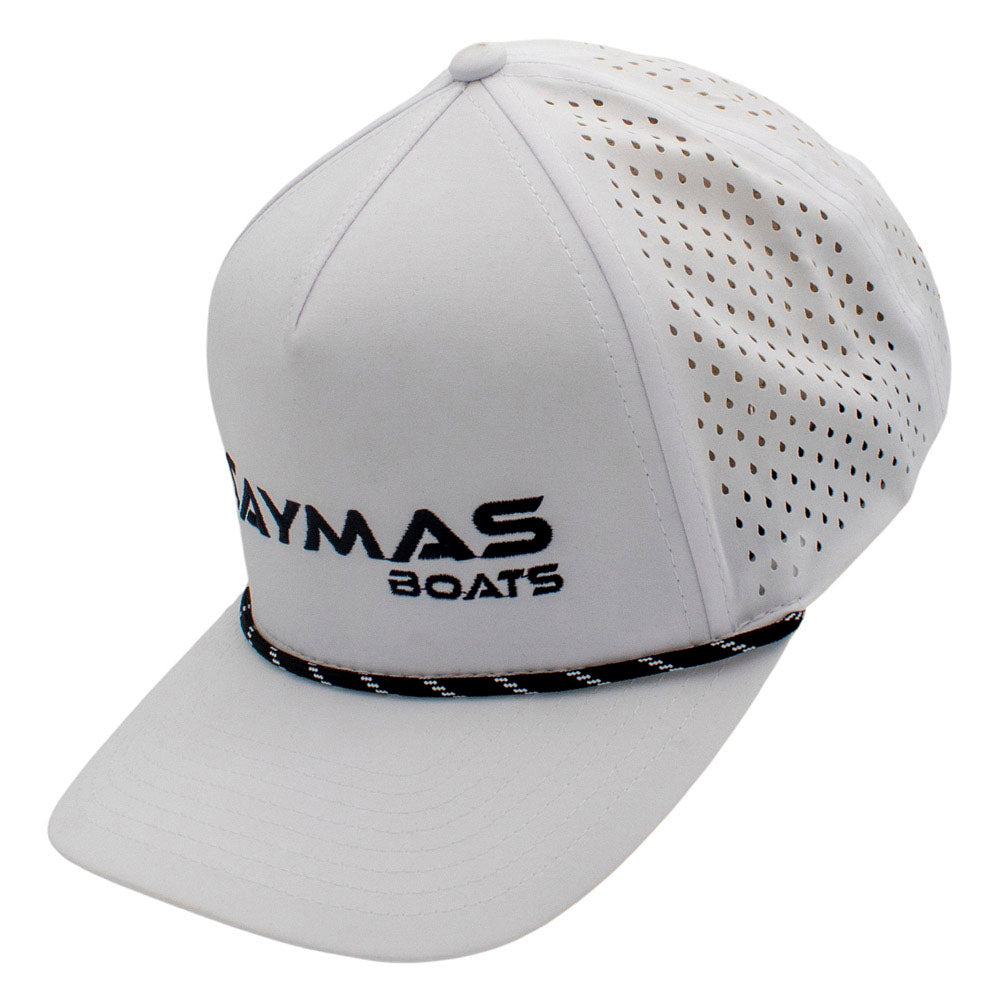 Side of a white cap with a black rope across the bill and a black caymas boats logo.