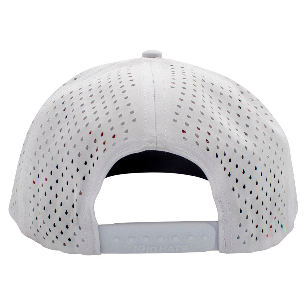 White baseball cap with a perforated design and a snap back closure.