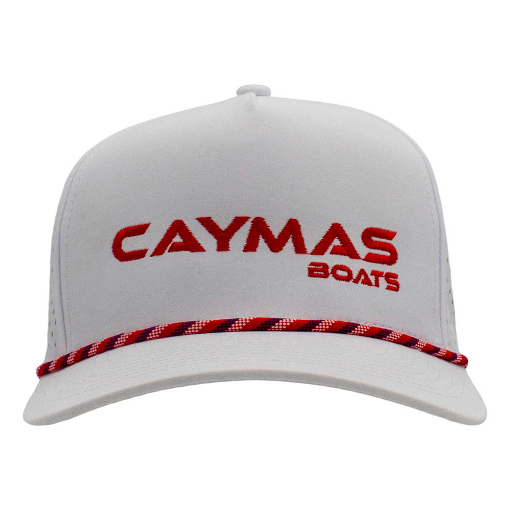 White cap with a red rope across the bill and a red caymas boats logo sewn on the front.