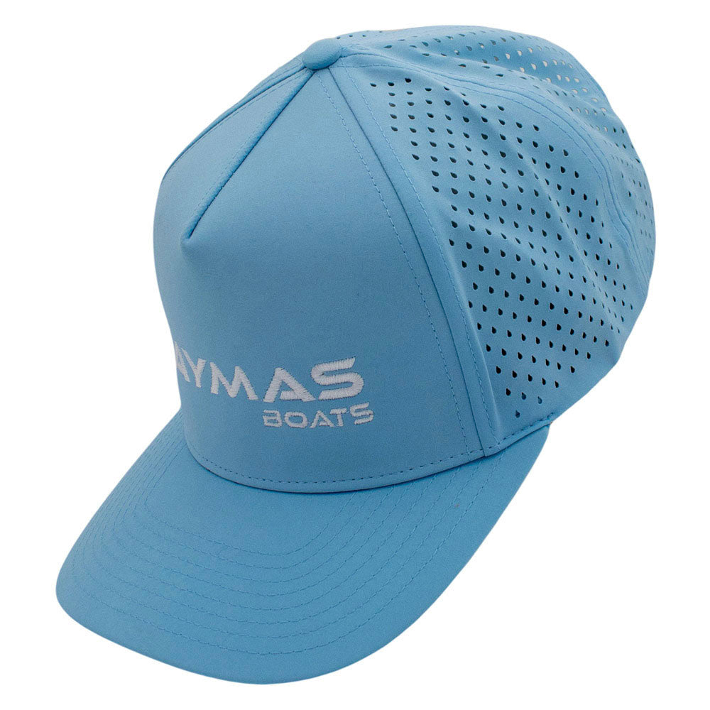 Side of a light blue cap with a white 'Caymas Boats' logo and a mesh back.