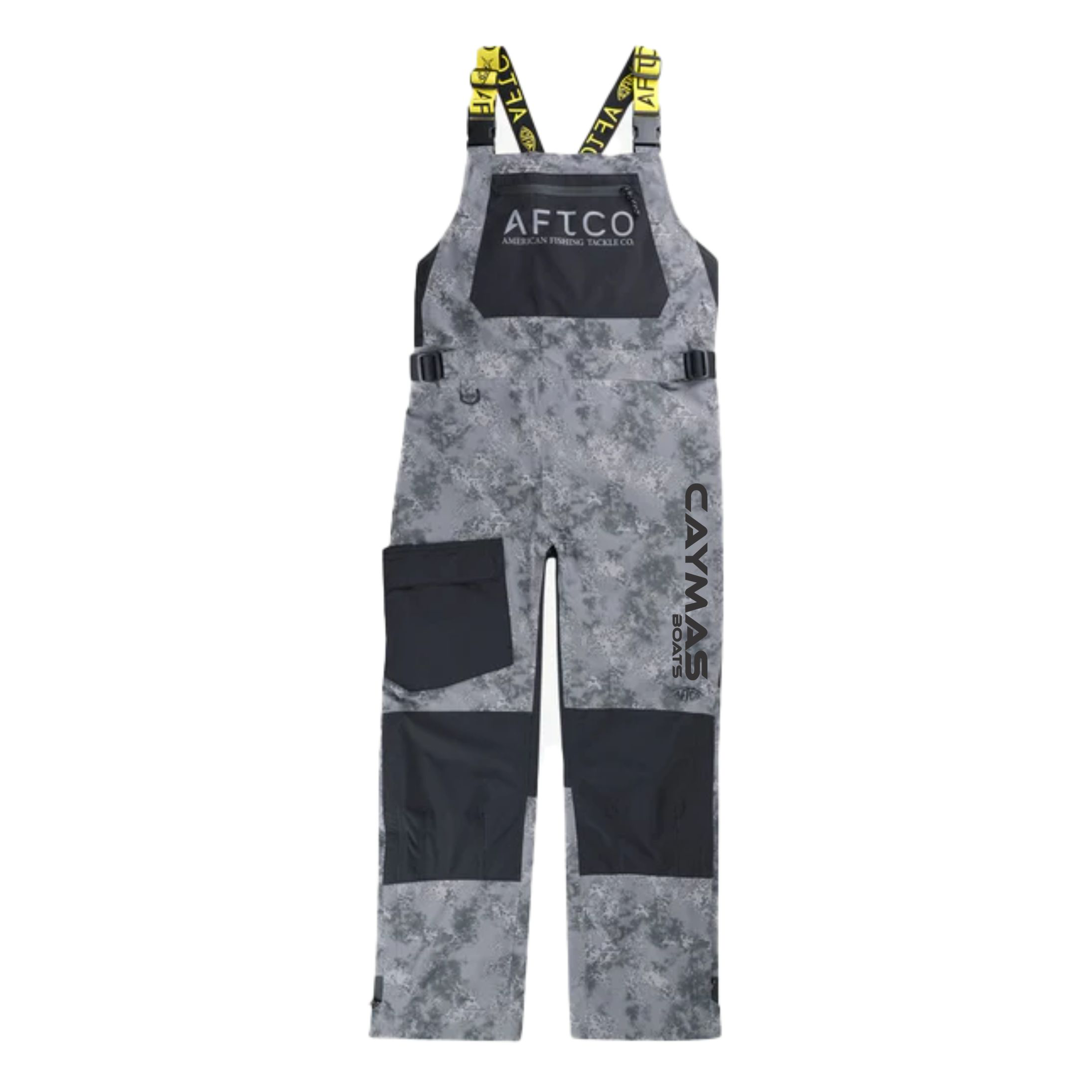 Gray and black camo patterned bib overalls with AFTCO and caymas branding on it.