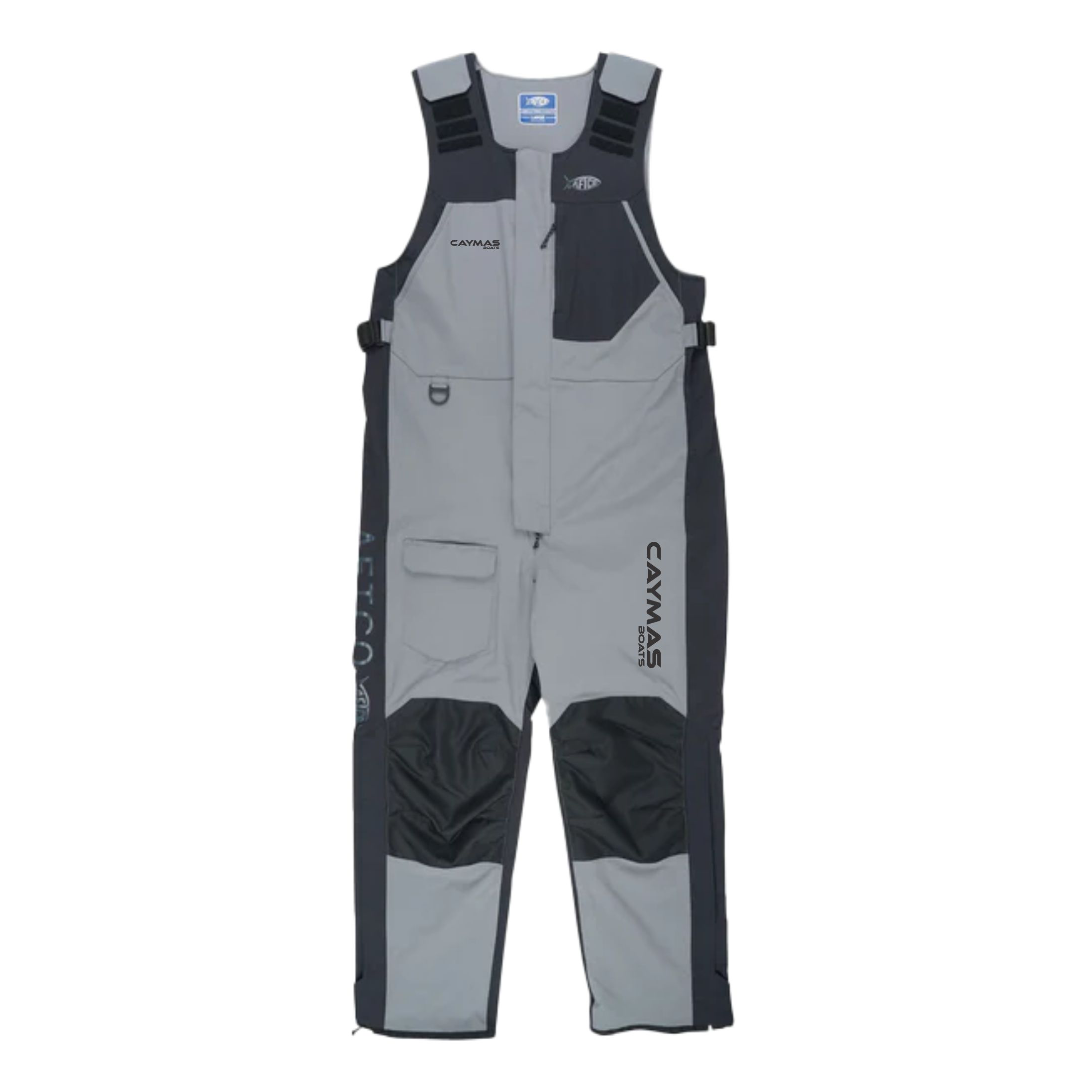 Gray and black bib overalls with 'Caymas' branding on the left thigh.