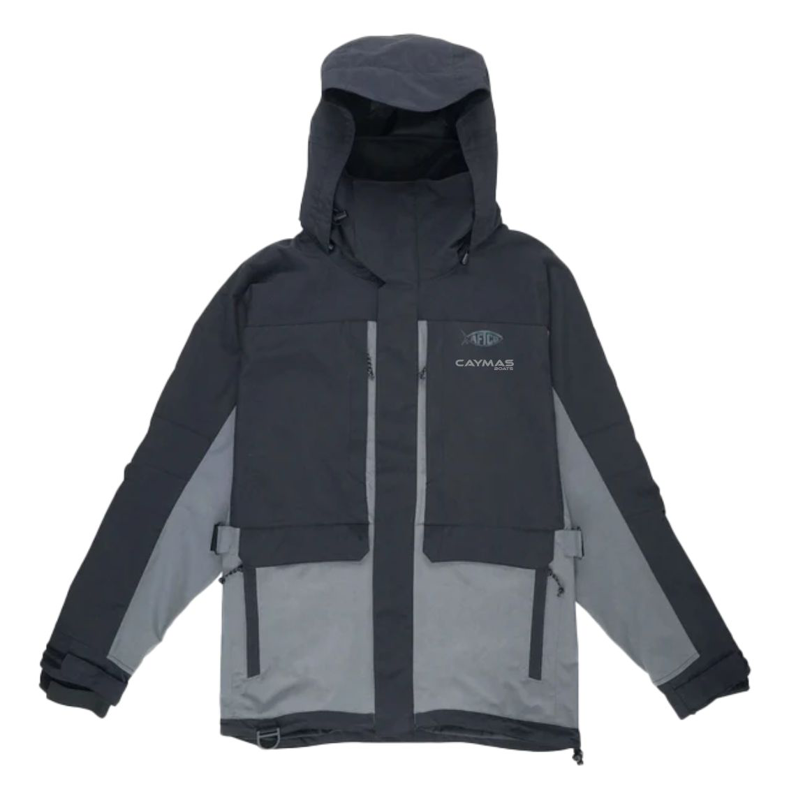 Front of a gray and black jacket with 'Caymas Boats' and 'AFTCO' branding on the left chest.