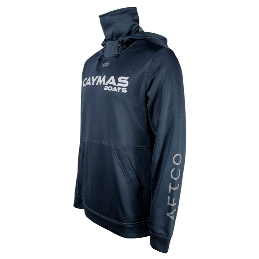 Side of a navy hoodie with a grey 'Caymas Boats' logo on the chest and an AFTCO logo on the sleeve.