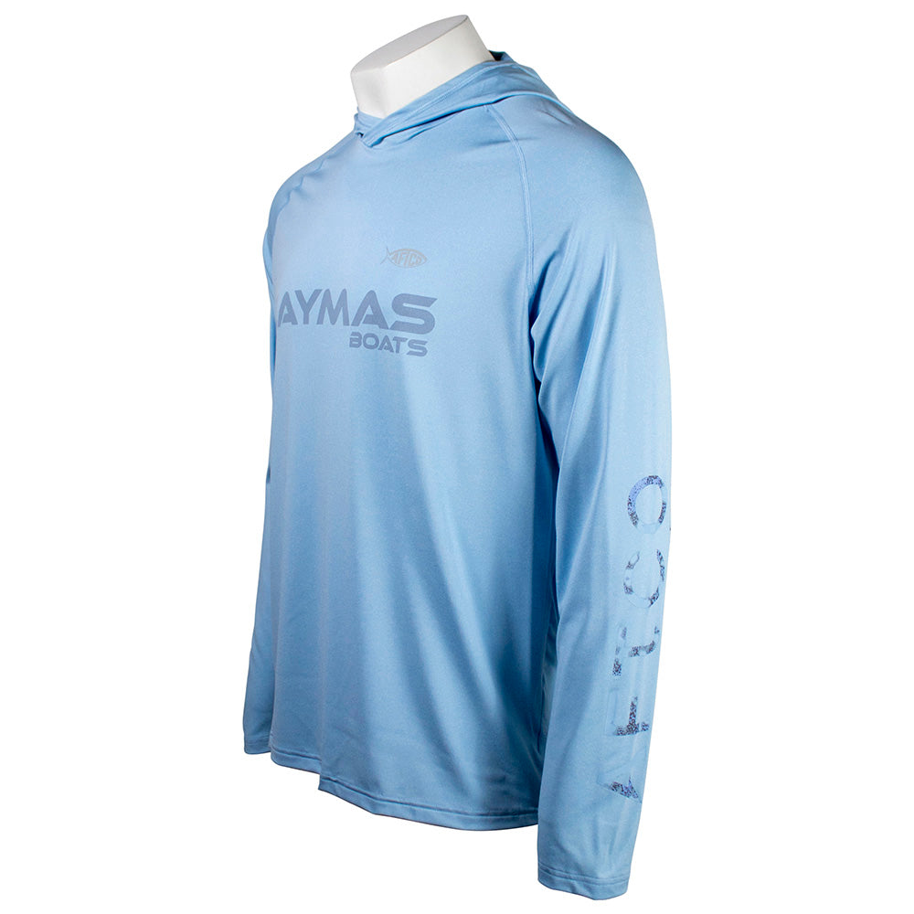 Side of a light blue hooded long sleeve with a grey blue 'Caymas Boats' logo across the chest and a blue AFTCO logo down the sleeve.