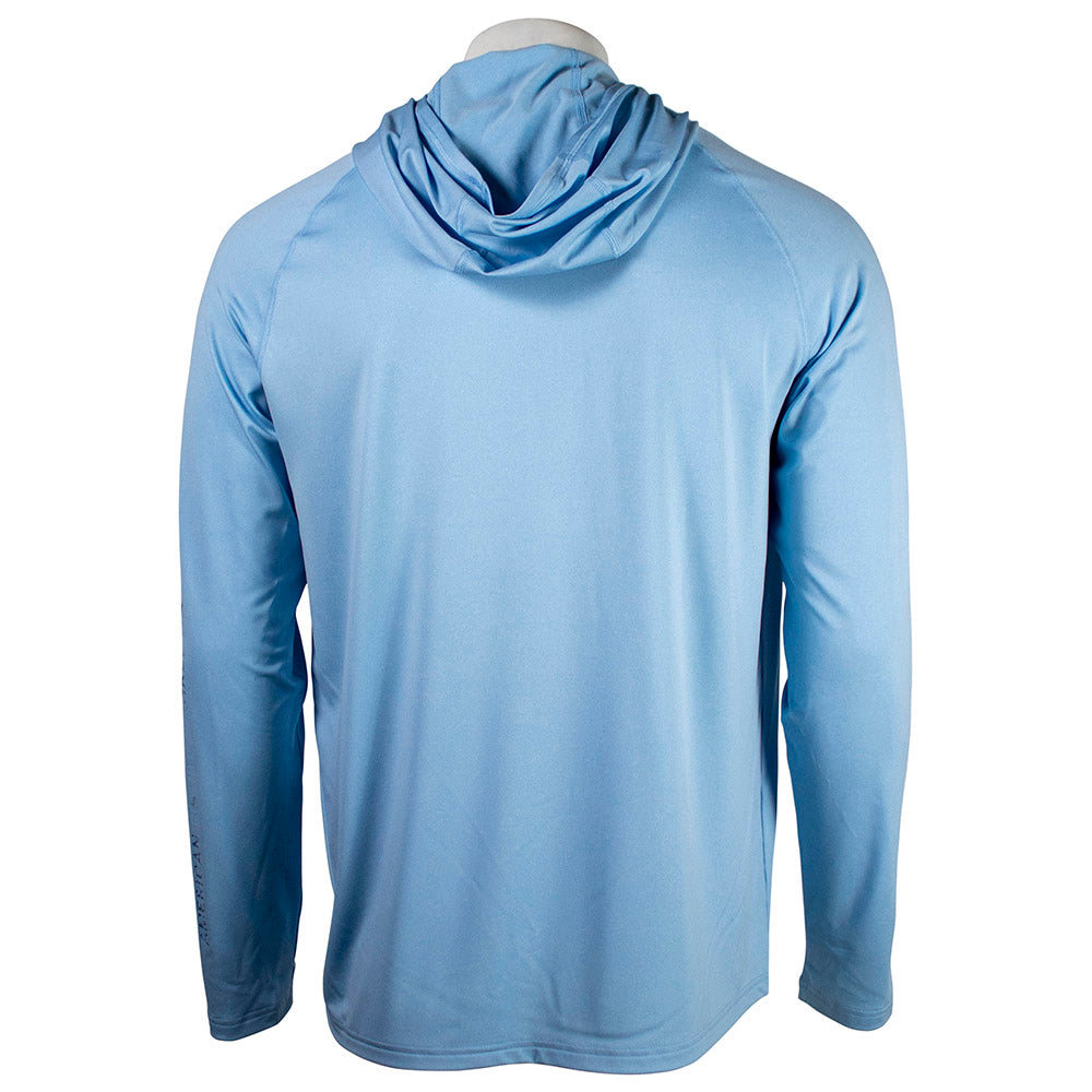 Back of a light blue hooded long sleeve.