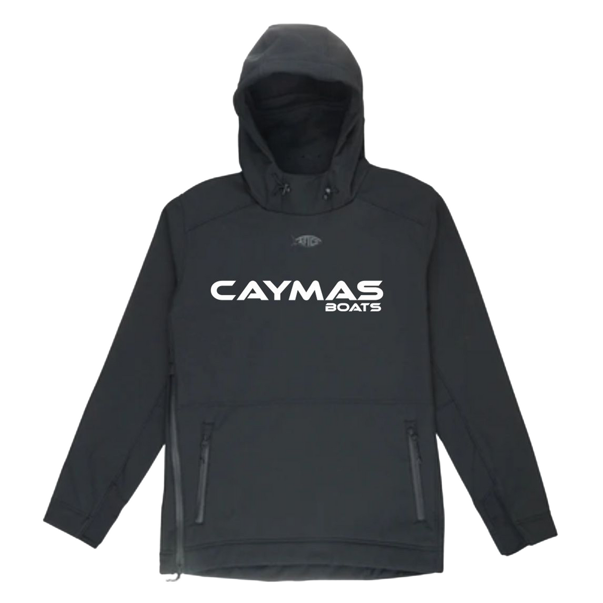 A black reaper pullover jacket with zippered hand pockets, a hood, and a white caymas boats logo printed on the chest.