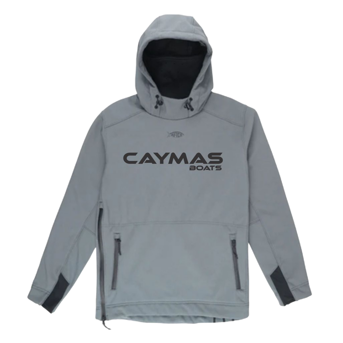 A grey reaper pullover jacket with zippered hand pockets, a hood, and a black caymas boats logo printed on the chest.