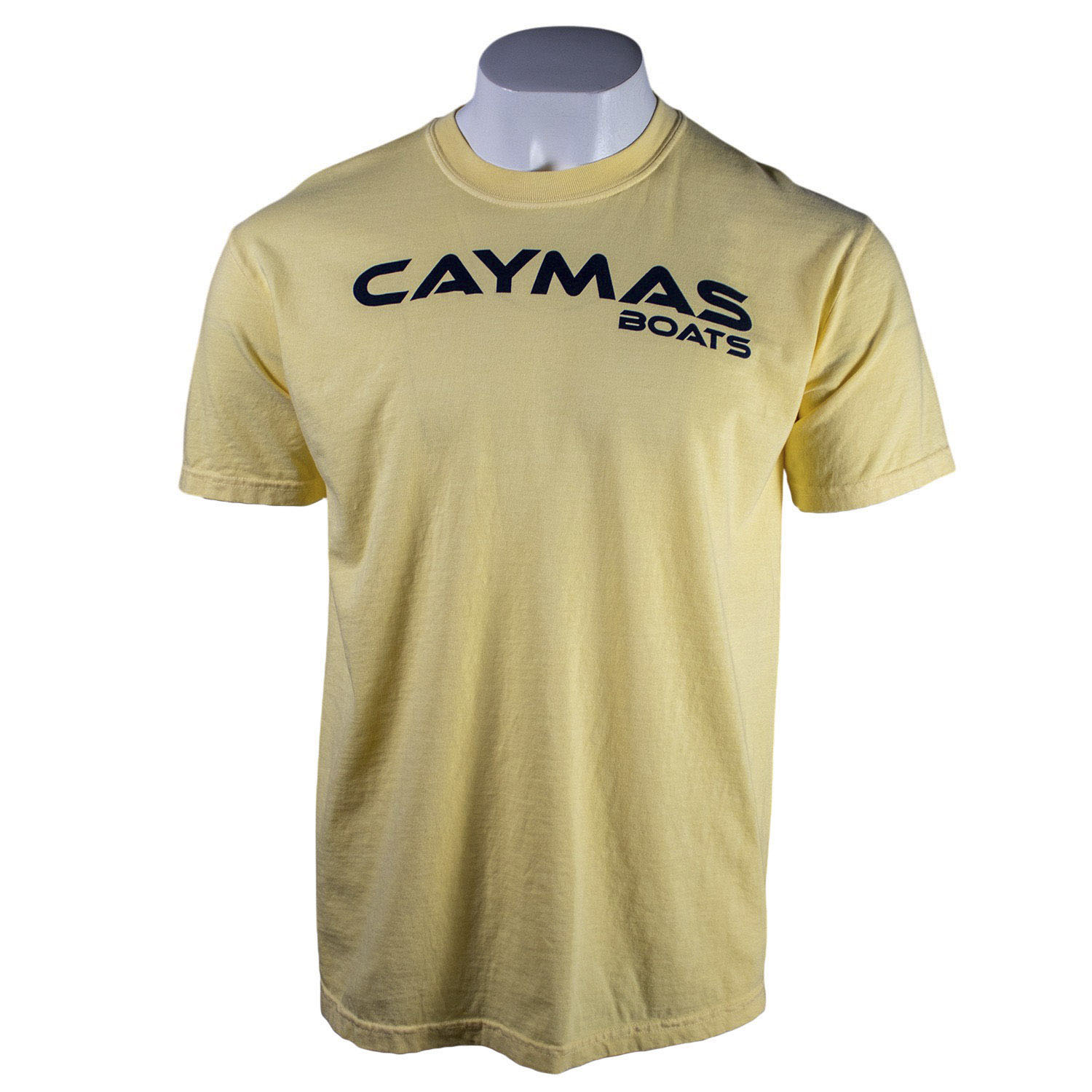 Yellow t-shirt with a black 'Caymas Boats' logo on the chest.