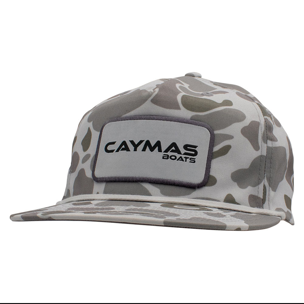 Light grey camouflage-patterned cap with a white Caymas Boats rectangular patch on the front.