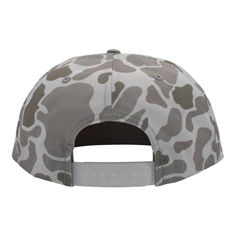 Back of a light grey camouflage-patterned cap with a snapback closure.