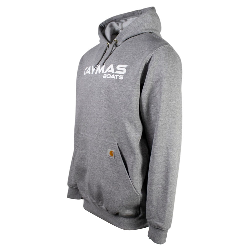Side of a gray hoodie with 'Caymas Boats' logo on the chest in white.
