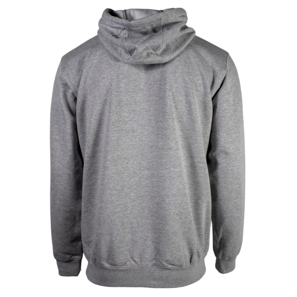 Back of a gray hoodie.