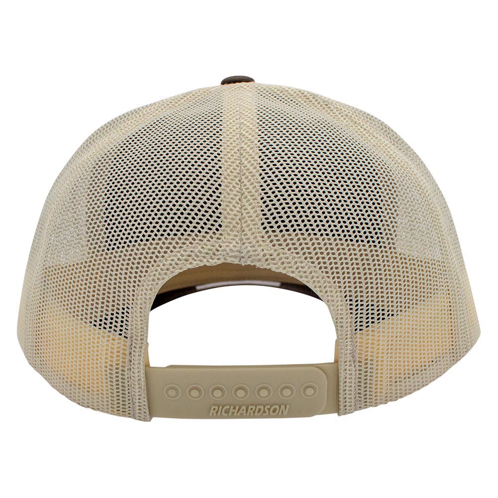 Beige mesh cap with a Richardson brand snapback closure.