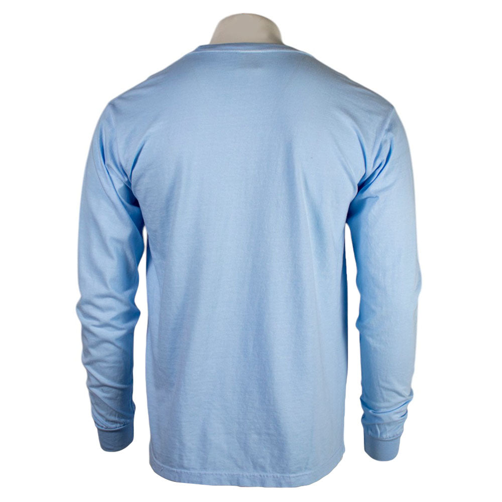 Back of a light blue long-sleeve shirt.