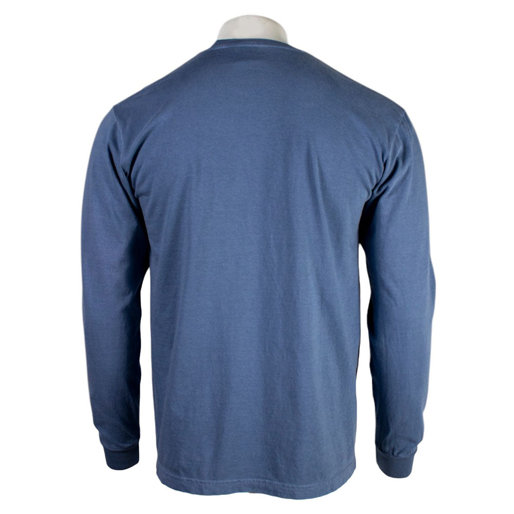 Back of a blue long-sleeve shirt.