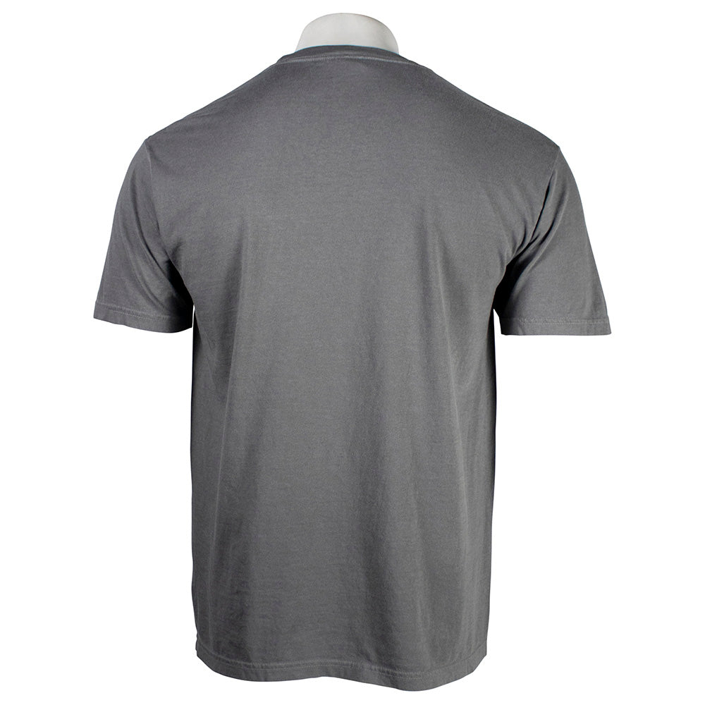 Gray T-shirt on a mannequin with a white background.