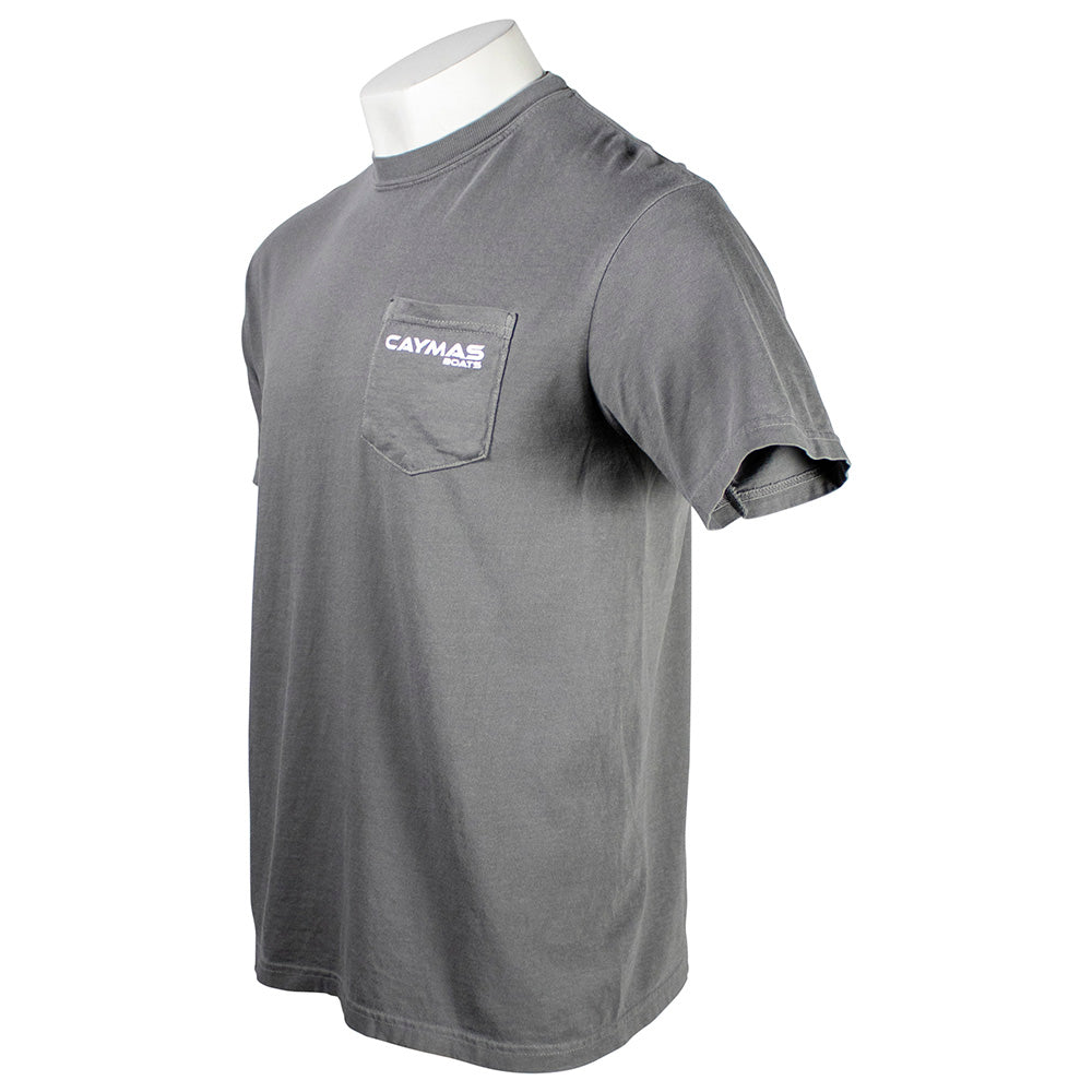 Side of a gray T-shirt with a left chest pocket and a white 'Caymas' logo.