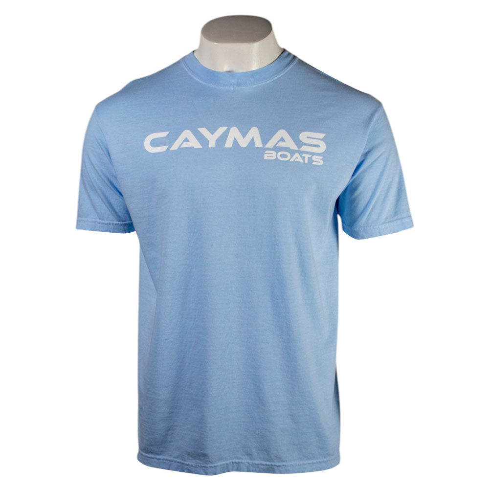 Light blue T-shirt with 'Caymas Boats' logo on the chest in white.