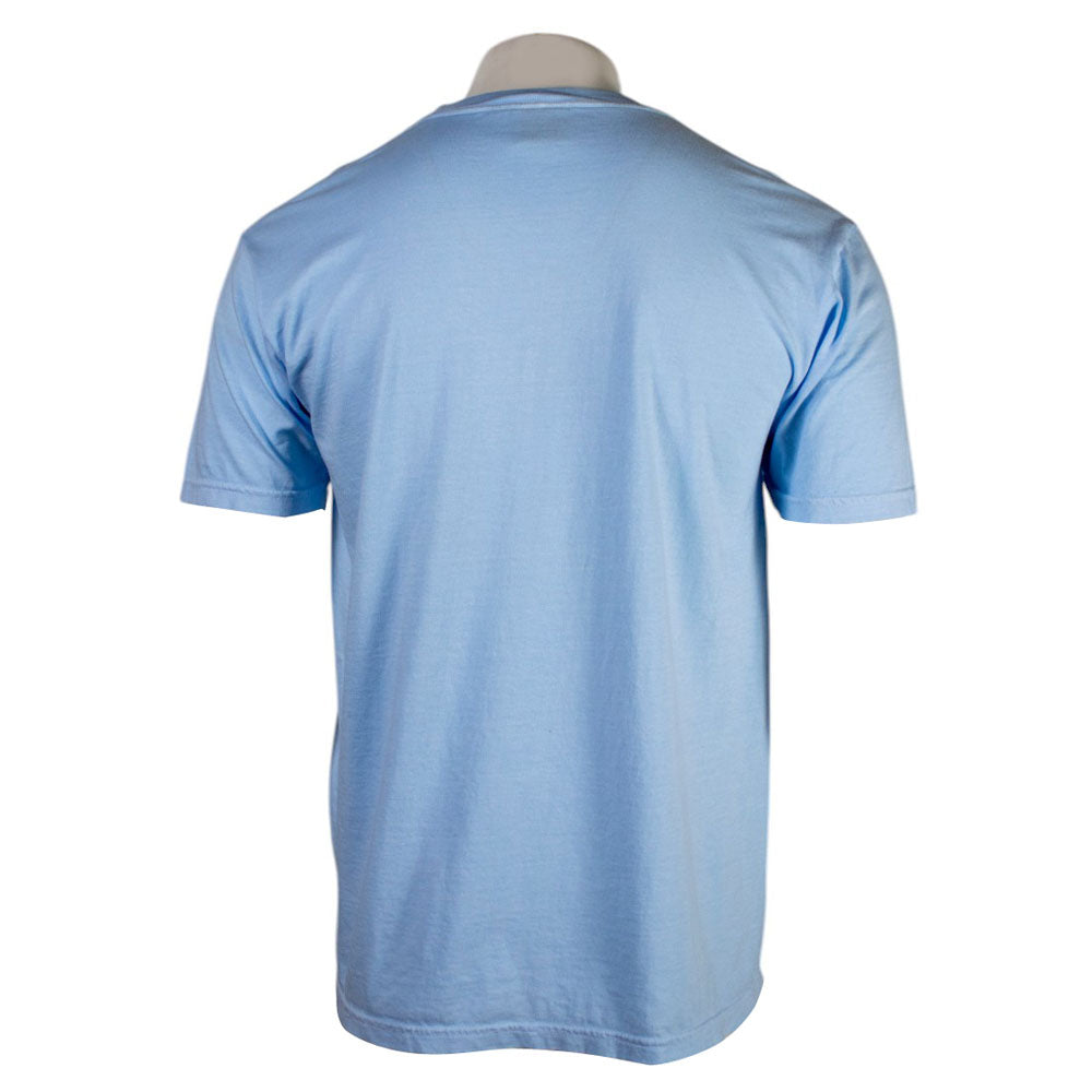 Back of a light blue T-shirt.