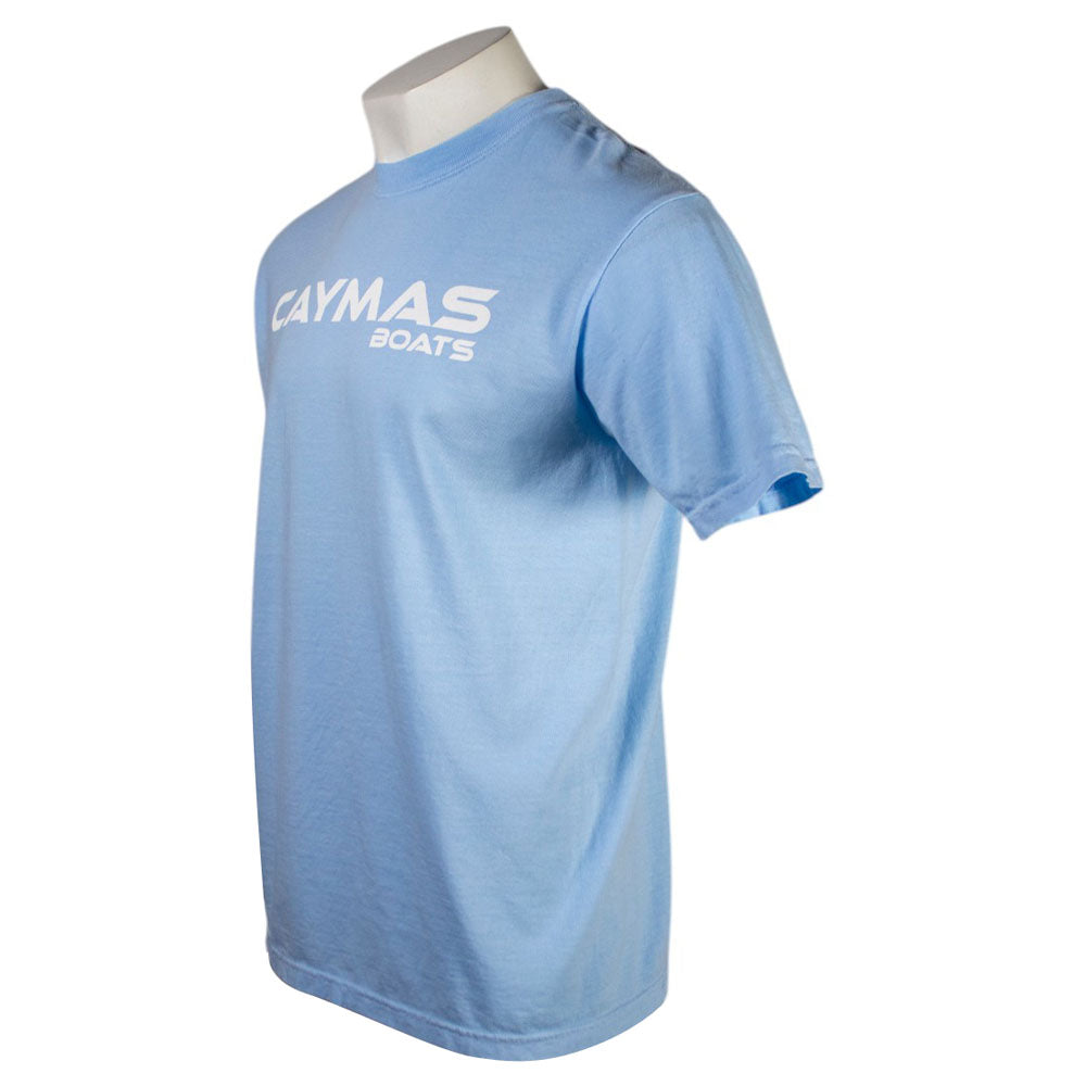 Side of a light blue T-shirt with 'Caymas Boats' logo on the chest in white.