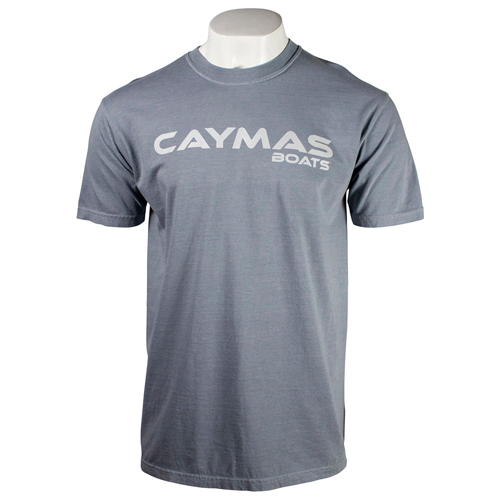 Gray T-shirt with 'Caymas Boats' logo in light gray on the chest.