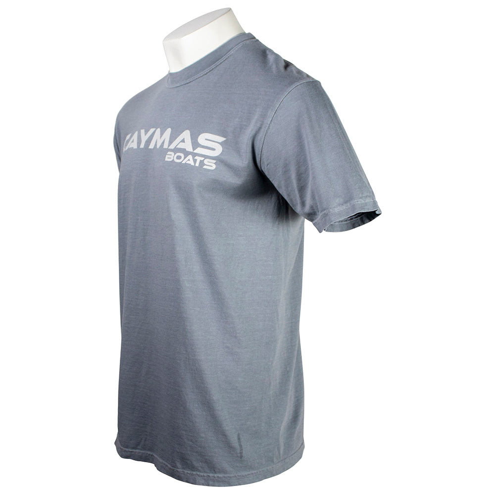 Side of a gray T-shirt with 'Caymas Boats' logo in light gray on the chest.