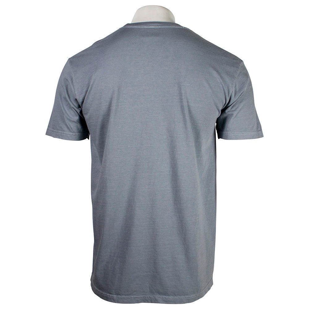 Back of a medium gray T-shirt.