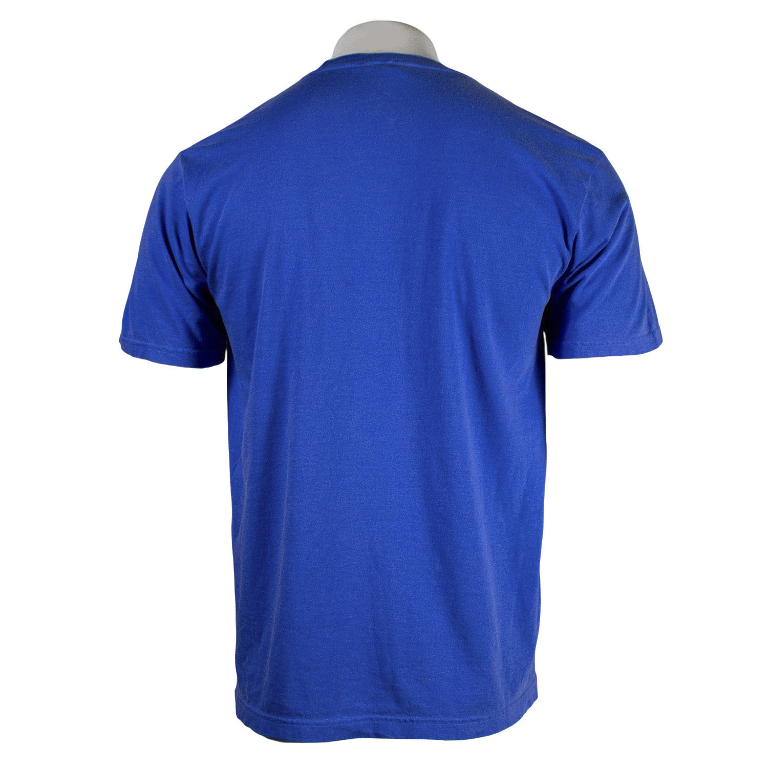 Blue t-shirt on a mannequin with a white background.