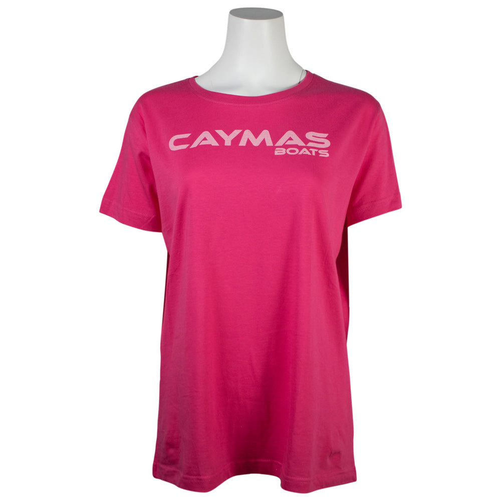 Pink t-shirt with a light pink 'Caymas Boats' logo on the chest.