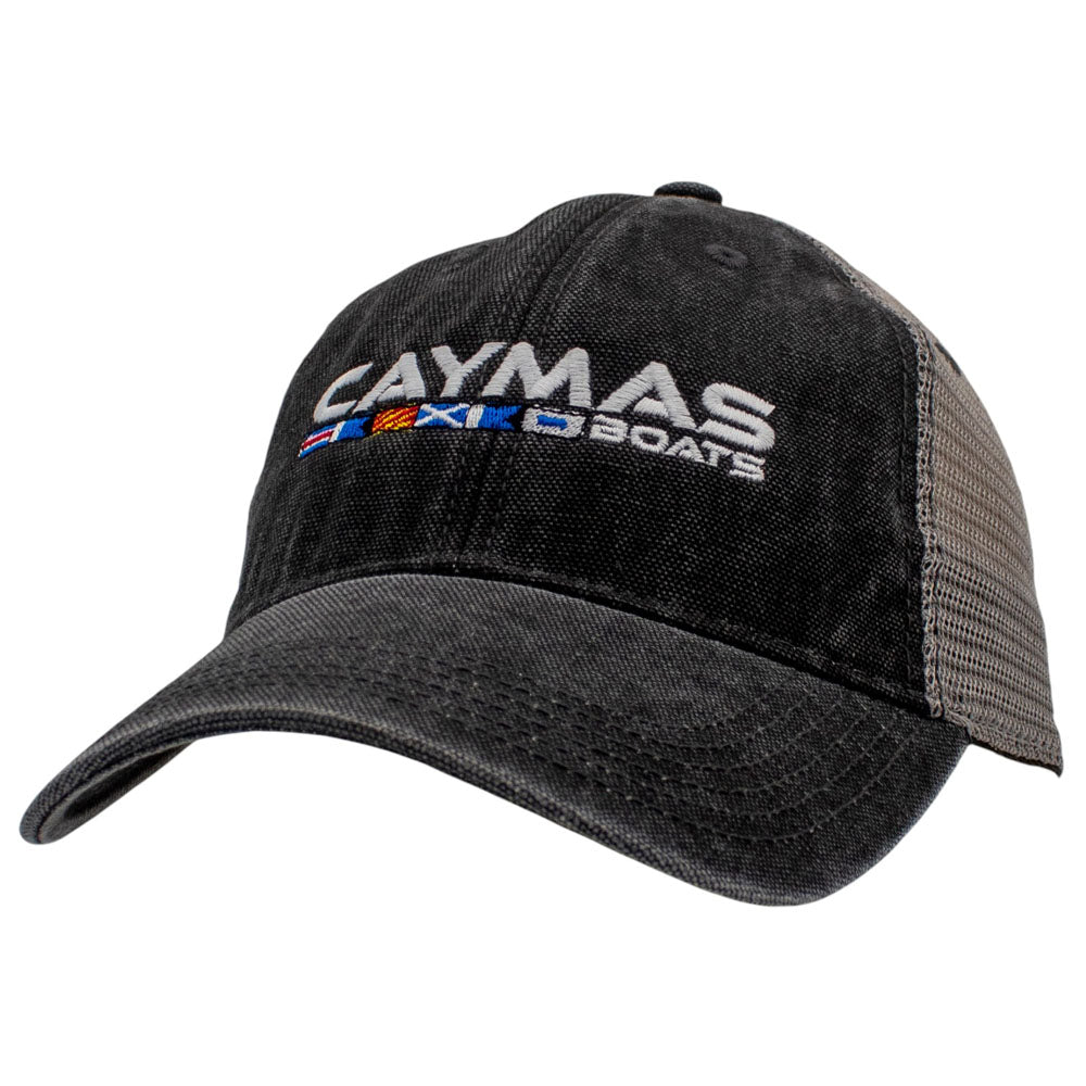 A weathered black and grey trucker cap with the Caymas Boats logo on the front.