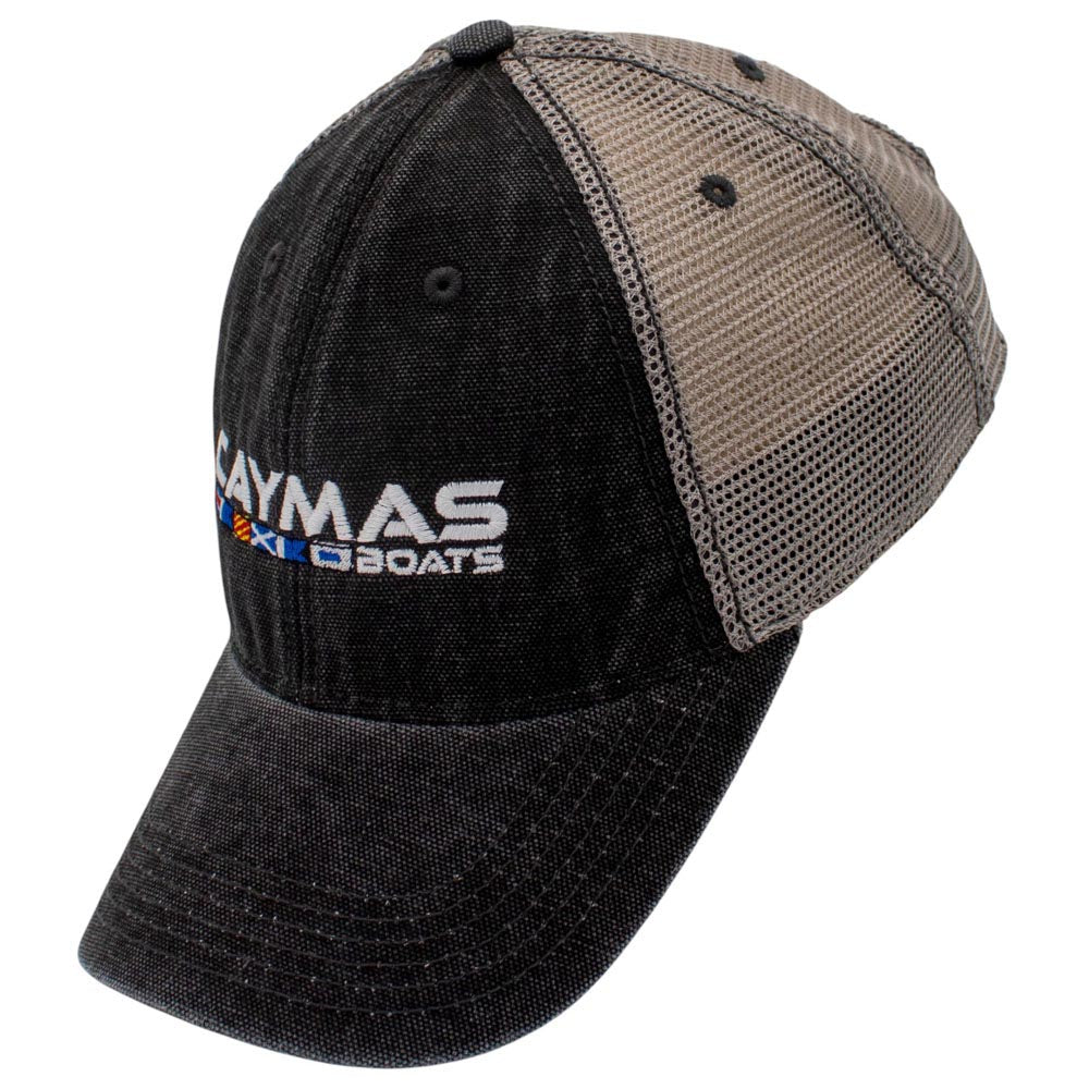 Side of a weathered black cap with a grey mesh back and the Caymas Boats logo on the front.