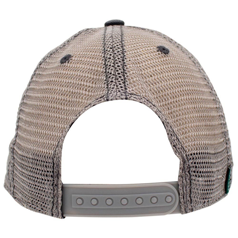 Grey mesh back of a cap with a snapback closure.