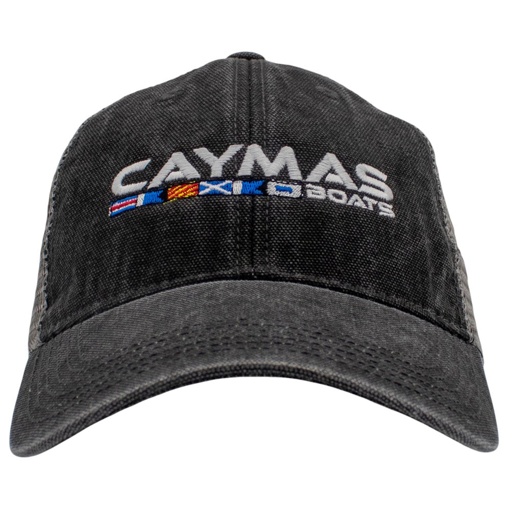 A weathered black cap with the Caymas Boats logo on the front.