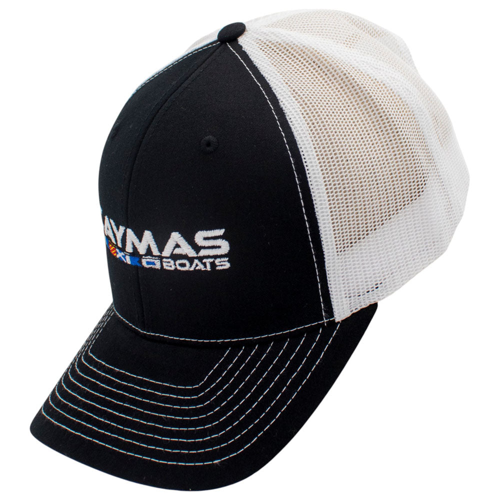 Side of a black cap with a white mesh back and the caymas boats logo embroidered on the front.