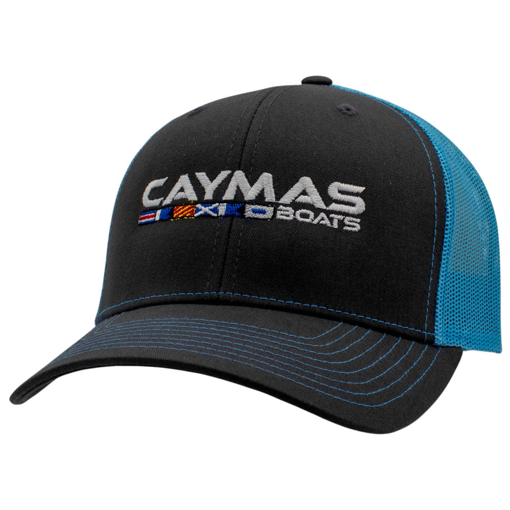Charcoal grey and blue hat with a white caymas boats logo embroidered on the front.
