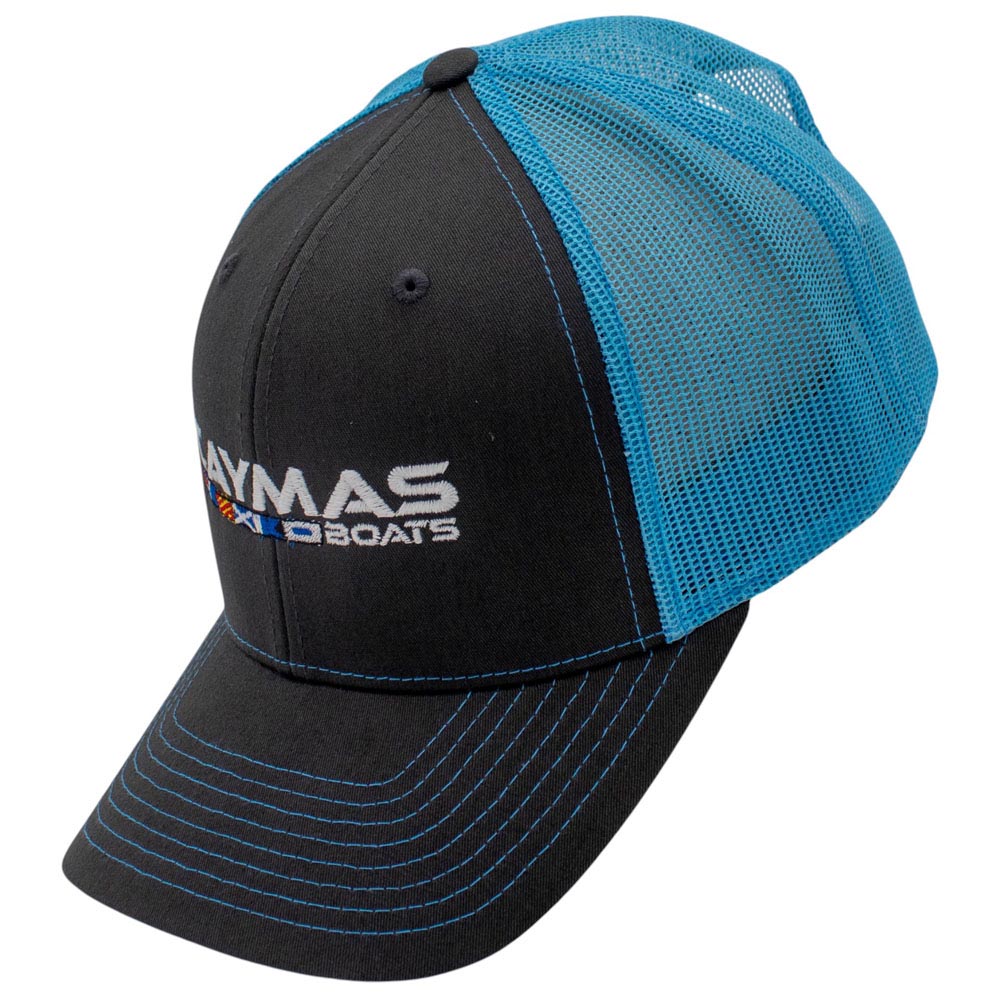 Side of a charcoal grey hat with a blue mesh back and white caymas boats logo embroidered on the front.
