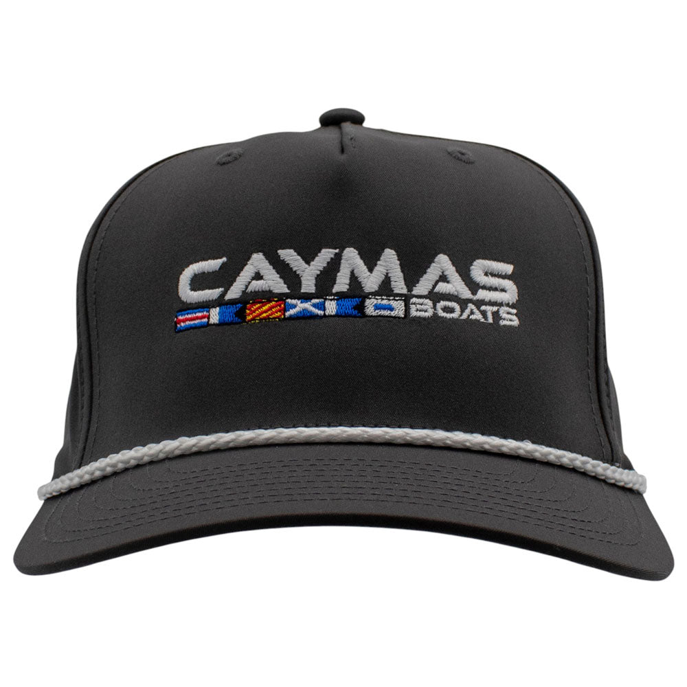 Charcoal grey hat with a white rope across the bill and the caymas boats logo on the front.