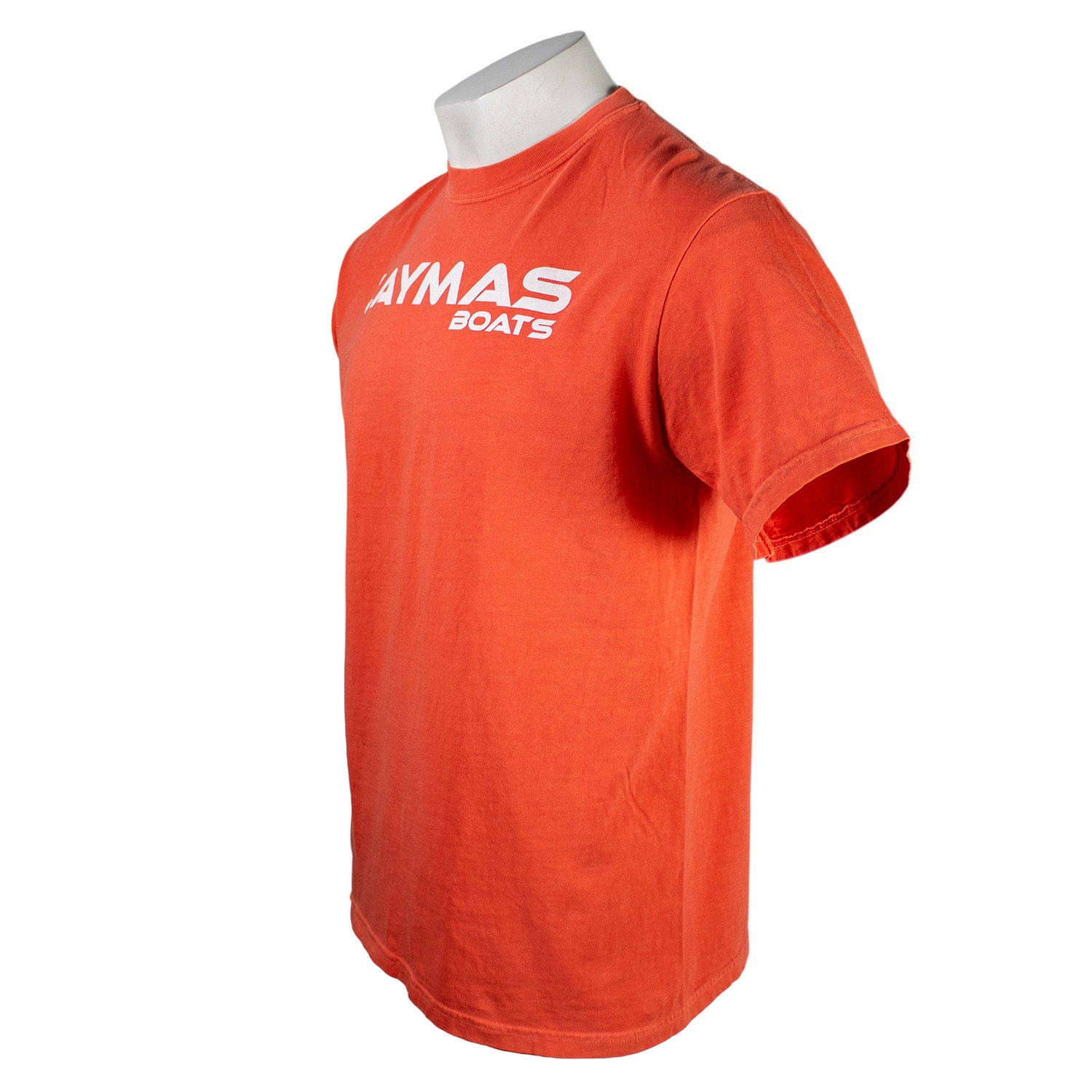 Side of a salmon t-shirt with a white 'Caymas Boats' logo on the chest.