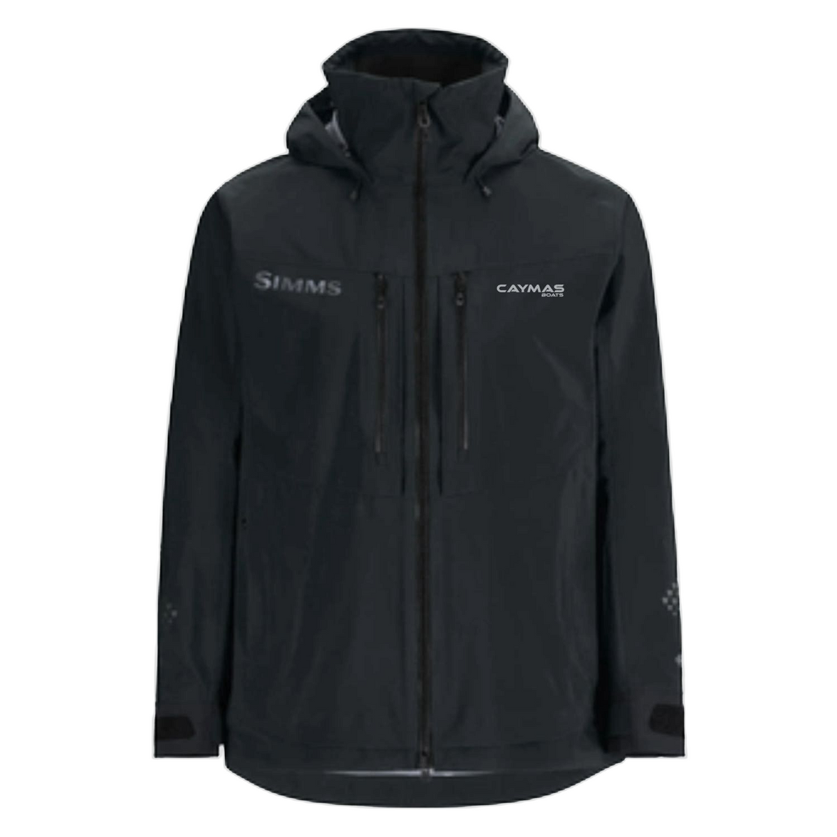 A black Simms hooded jacket with a full front zipper, featuring the caymas boats logo on the left chest.