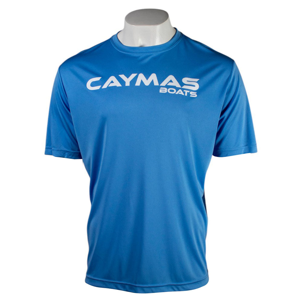 Blue performance T-shirt with 'Caymas Boats' logo on the chest in white.