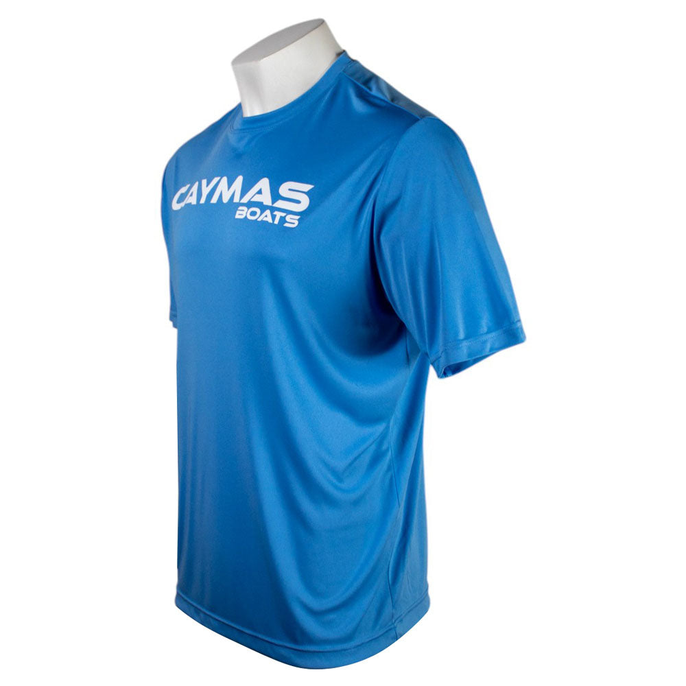 Side of a blue performance T-shirt with 'Caymas Boats' logo on the chest in white.