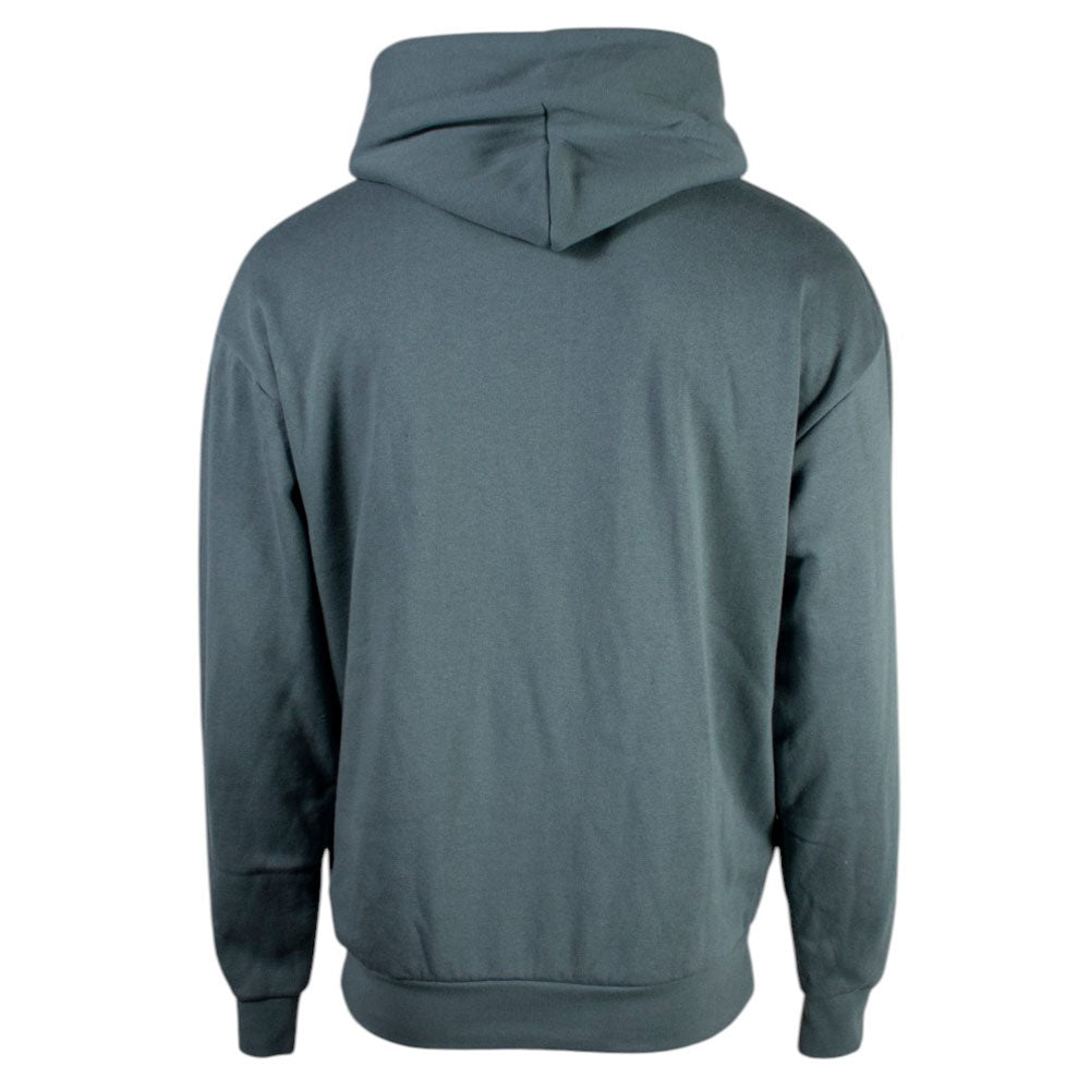 Back view of a plain gray/blue hoodie.