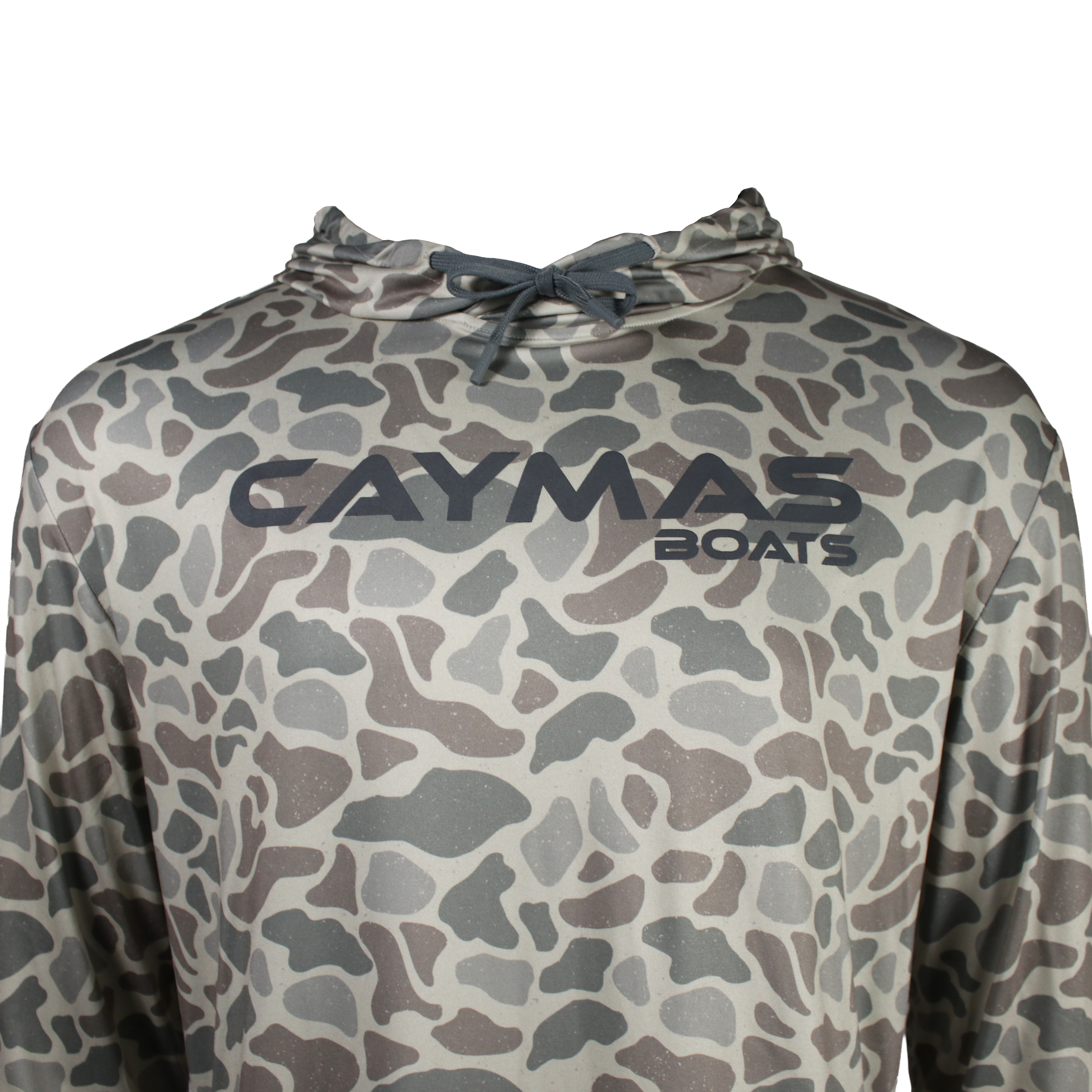 Close up of a brown and grey camouflage hooded long sleeve with a grey 'Caymas Boats' logo on the chest.