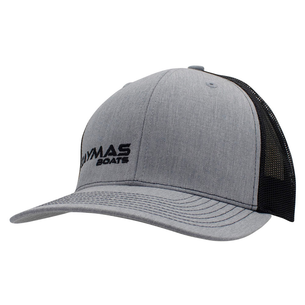 Gray and black cap with a black logo on the right side panel.