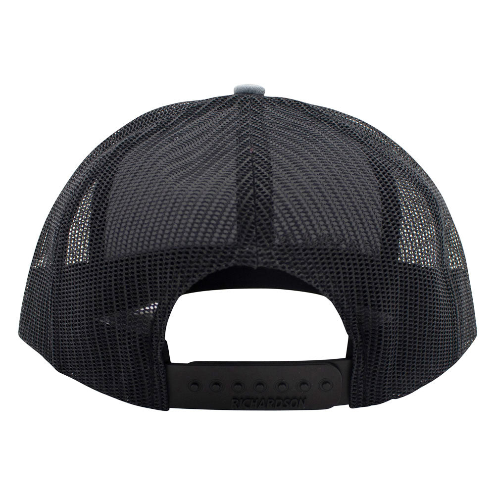 A black cap with a mesh back and an adjustable snapback closure.