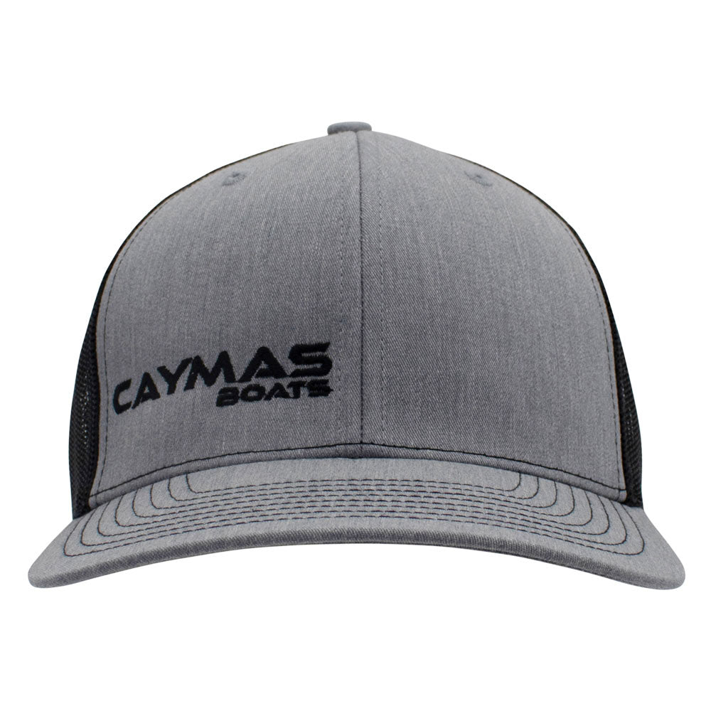 Front of a light grey and black cap with a black 'Caymas Boats' logo on the front right panel.