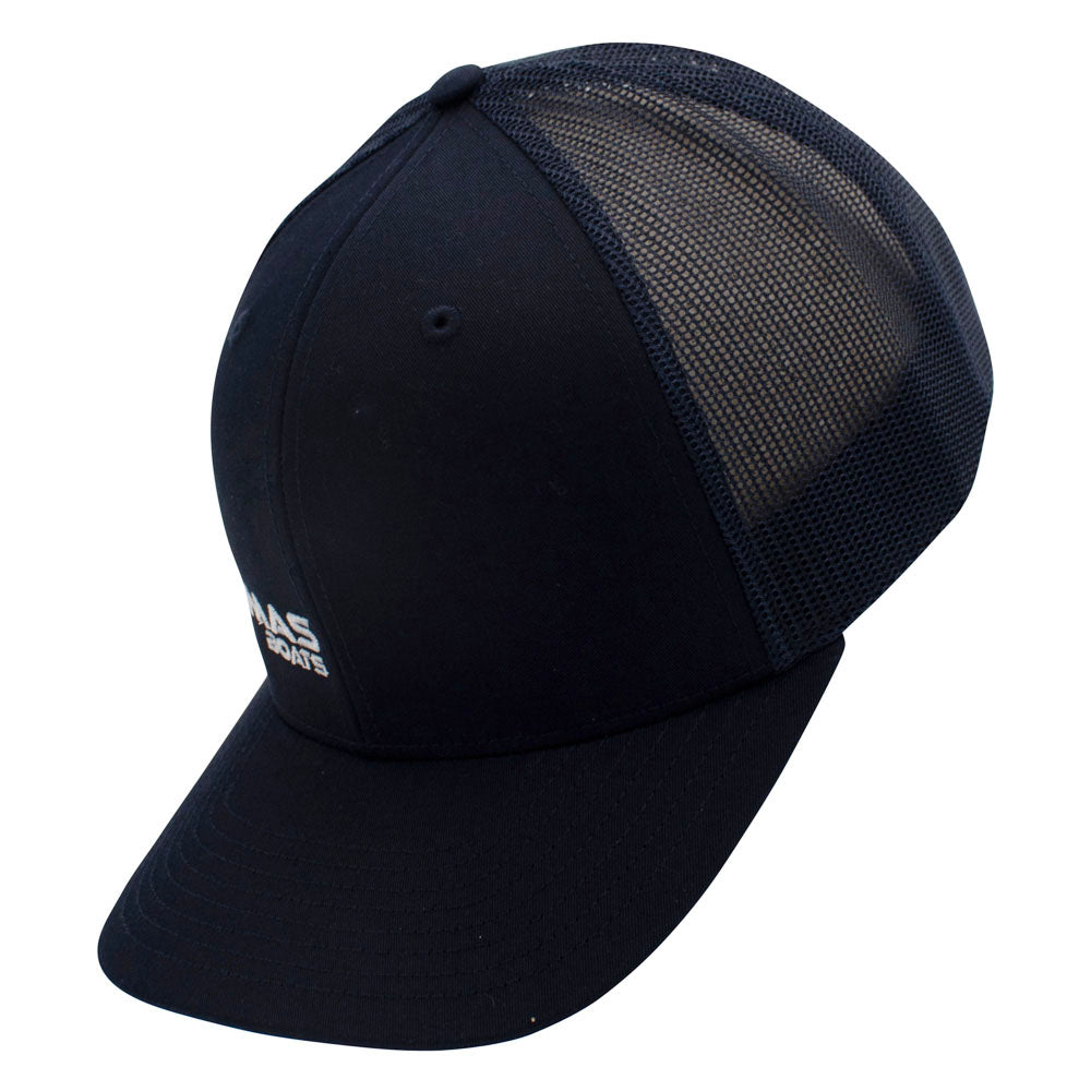 Side of a navy-blue cap.