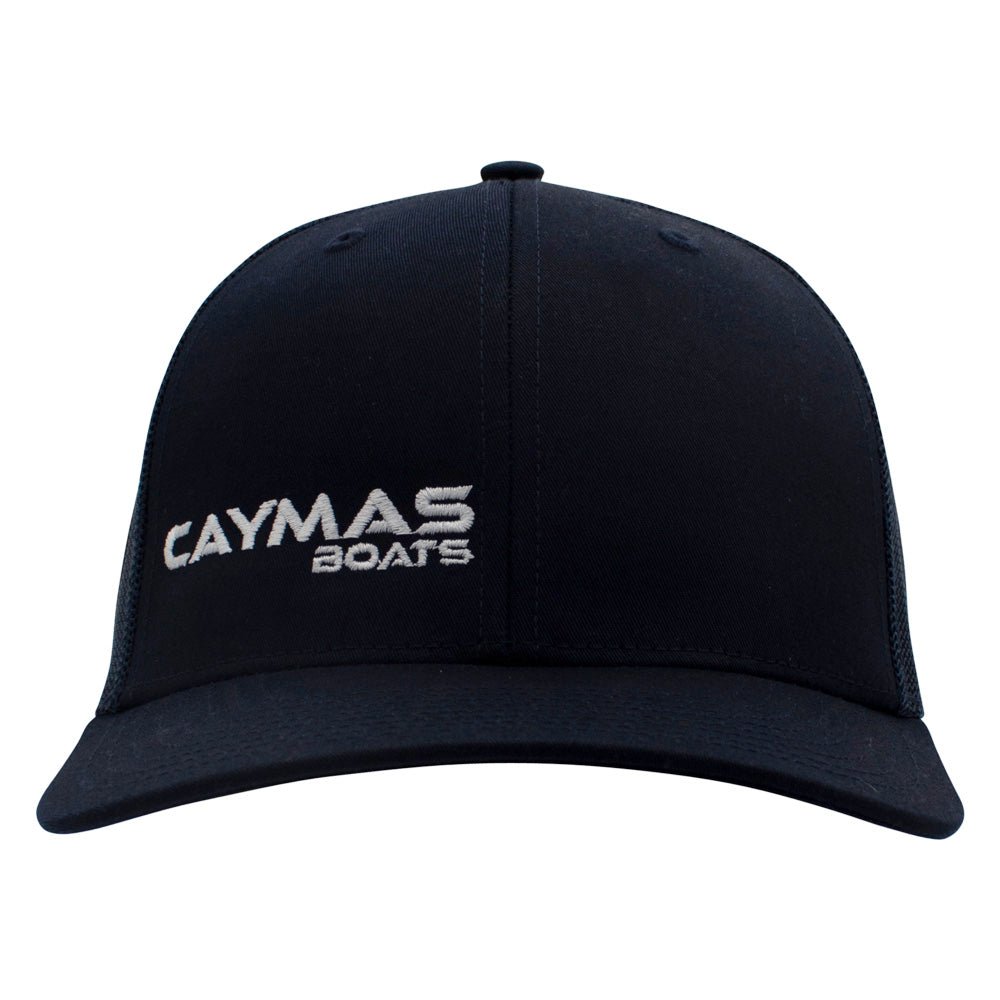 Front of a navy-blue cap with a white 'Caymas Boats' logo on the front right panel.